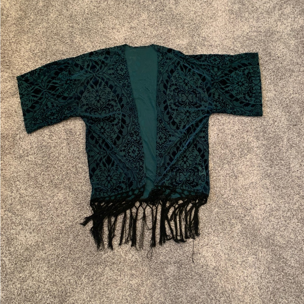 Green Velvet patterned duster with tassels
